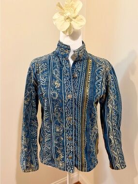 VTG Chico's Blue Denim Jacket with Silver and Gold Embroidery